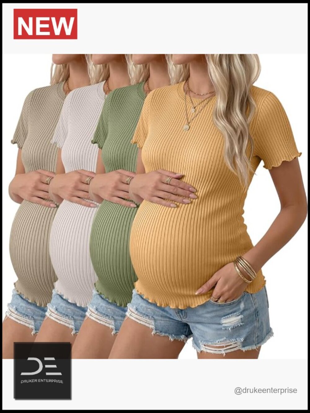 4 Pack Maternity Ribbed Knit Tops Short Sleeve Crew Neck Summer Tees